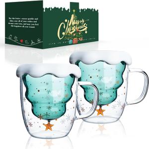 LIBWYS 2 Pack Christmas Mugs, Double Walled Borosilicate Christmas mug set with Snowflake Lid, Cute Mugs for Hot Cocoa and Coffee, 300ml Christmas tree mugs Christmas Gift for Family, Friend