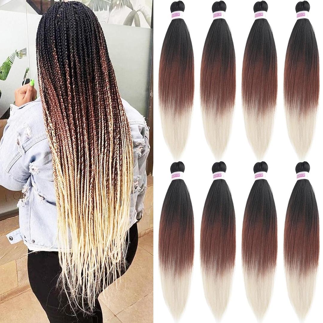 Brown Blonde Ombre Braiding Hair Pre Stretched Synthetic Color Hair Extensions for Braiding 26 Inch 8 Packs Prestretched Braiding Hair Hypoallergenic Soft Long Jumbo Crochet Braids Hair