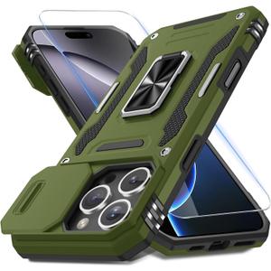 DEERLAMN Case for iPhone 16 Pro Max with Slide Camera Cover+Screen Protector (1 Pack), Rotated Ring Kickstand Military Grade Shockproof Protective Cover-Olive Green