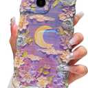 Compatible with iPhone 13 Pro Case for Women, Cute Curly Wave Frame Shape, Colorful Retro Oil Painting Flower Laser Beam Glossy Pattern, Compatible with iPhone 13 Pro, Moon