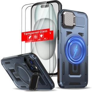 for iPhone 14 Plus Case Magnetic,for iPhone 15 Plus Case Compatible with MagSafe Support Wireless Charger,with Camera Cover Kickstand+with 2 Screen Protectors,Heavy Duty Protection Phone Blue
