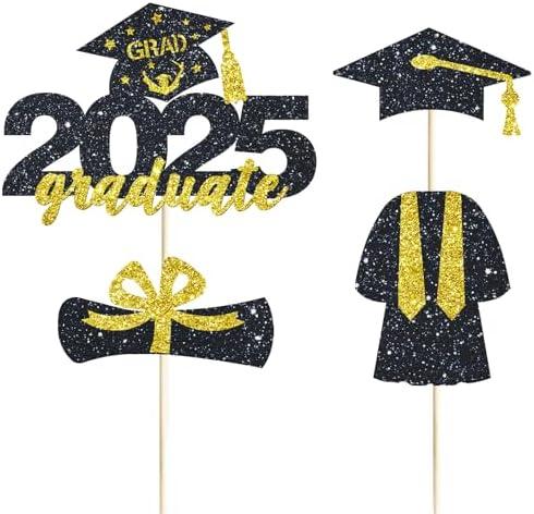 4 Pcs 2025 Graduate Cake Topper Black Glitter Congrats Grad Cake Topper Class of 2025 Cake Decor for 2025 Senior High School/College/University Happy 2025 Graduation Party Supplies Decorations, Pack of 2