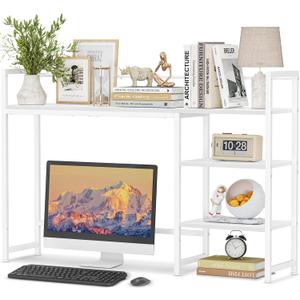Snughome Desk Shelf, 44.9" Large Desktop Organizer Shelf, Desk Hutch for Monitor, 4 Tier Display Rack, Wooden Desktop Bookshelf Storage Rack for Home Office Dorm (White)