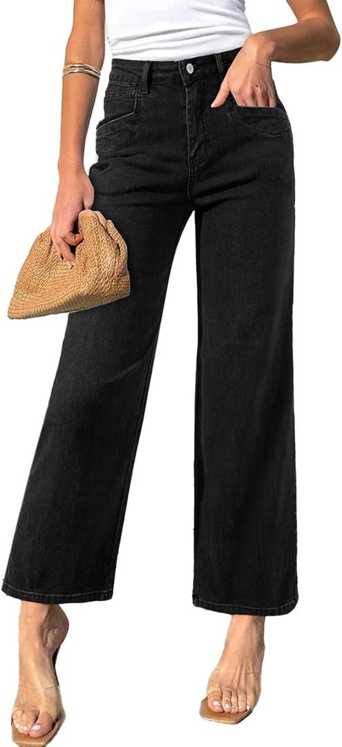 Sidefeel Women's Wide Leg Jeans High Waisted Stretchy Jeans Straight Leg Zimbaplatinum Ankle Denim Pants with Slant Pockets (4, Black)