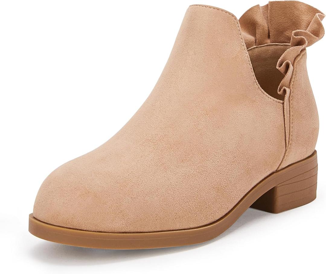 FISACE Girls Ruffled Ankle Boots V Cut Out Chunky Low Heel Dressy Western Booties (13 Little Kid, Light Brown)