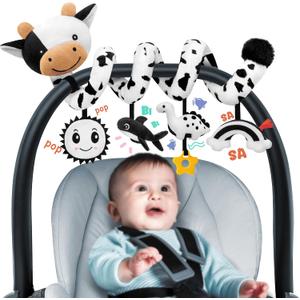 Spiral Car Seat Baby Toys 0-6 Months, Infant Carseat High Contrast Sensory Toys Hanging Stroller Accessories, Newborn Christmas Shower Gifts for Baby Boys Essentials Stuff, Cute Black and White Cow