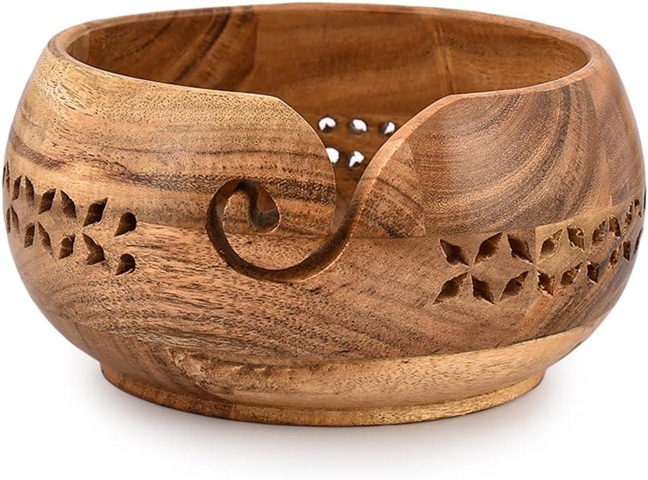 SAMHITA Acacia Wood Yarn Bowl Holder |Hand Carved Yarn Bowls for DIY Knitting Crocheting Accessories (7" x 7" x 4")