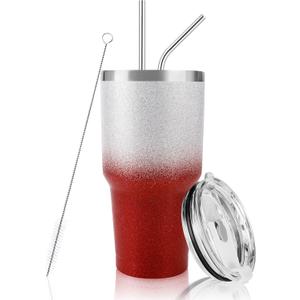 DS 30 oz Tumbler Christmas Red Glitter Gradient Cup Stainless Steel Double Wall Vacuum Insulated Mug with Straw and Lid, Cleaning Brush for Cold and Hot Beverages