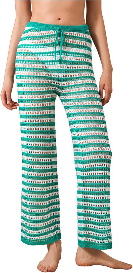 Verdusa Women's Hollow Out Crochet Knit Striped High Waist Swimwear Cover Up Pants (L)