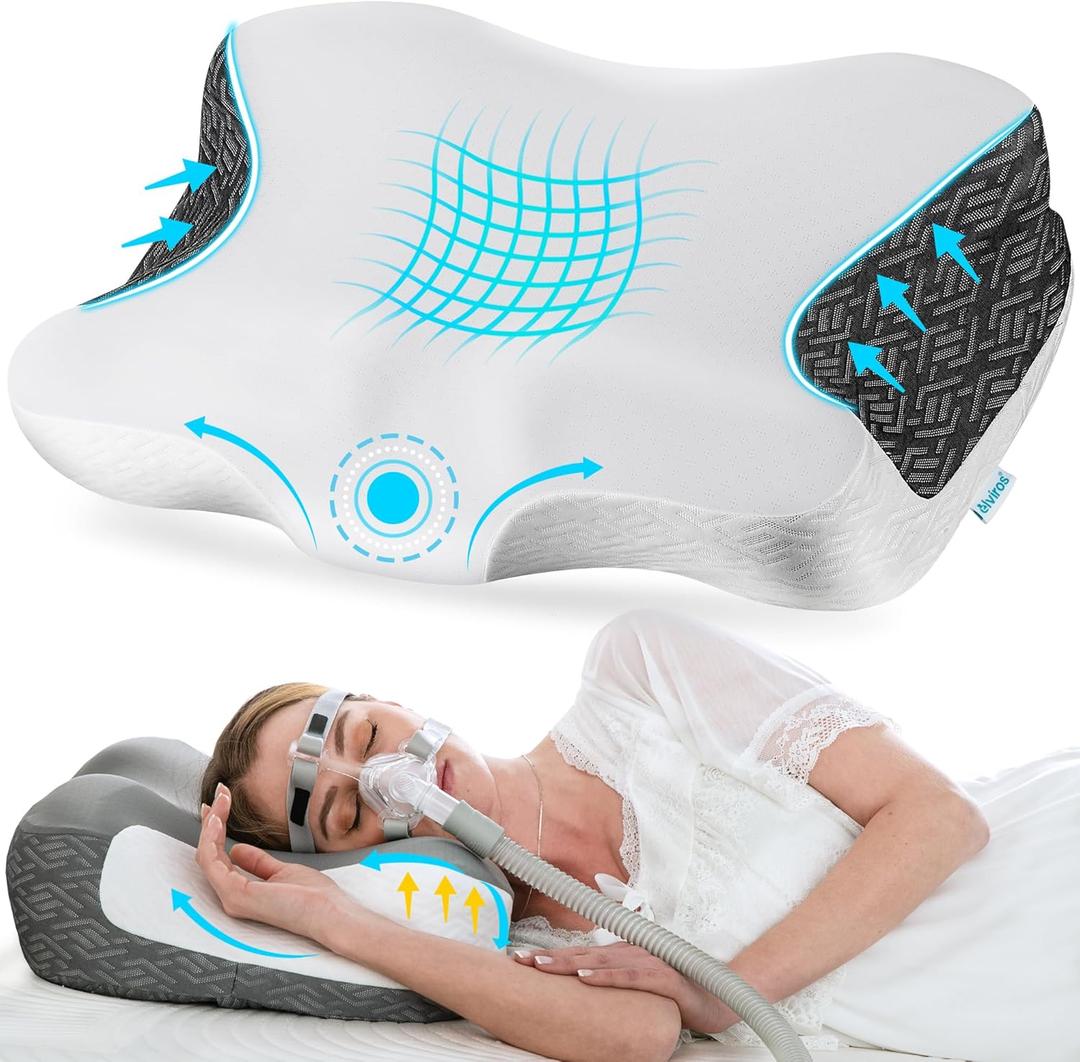 Elviros Cervical Neck Pillow for Neck Pain Relief, CPAP Pillow for Side, Back & Stomach Sleepers, Ergonomic Orthopedic Pillow for CPAP Users to Reduce Air Leaks and Mask Pressure, White (23.6"Lx16.3"Wx4.9/5.1"H)