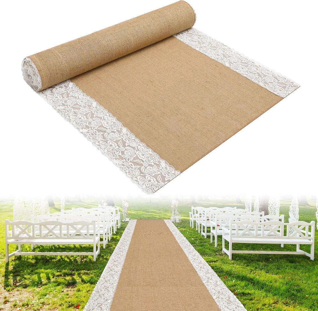moonoom 20 Ft x 36 in Natural Burlap Wedding Aisle Runner, Rustic Jute Weddings Runway Carpet with Lace, Ceremony Burlap Carpet Roll for Beach Garden Church Reception Craft Decor