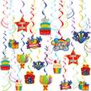HonuGoGo Colorful Birthday Hanging Swirl Decorations, 36ct Paper Ceiling Decor Set with Cutouts of Cakes, Gifts, Balloons & Stars, Vibrant Paper Party Supplies for Birthday Decor & Celebration Themes