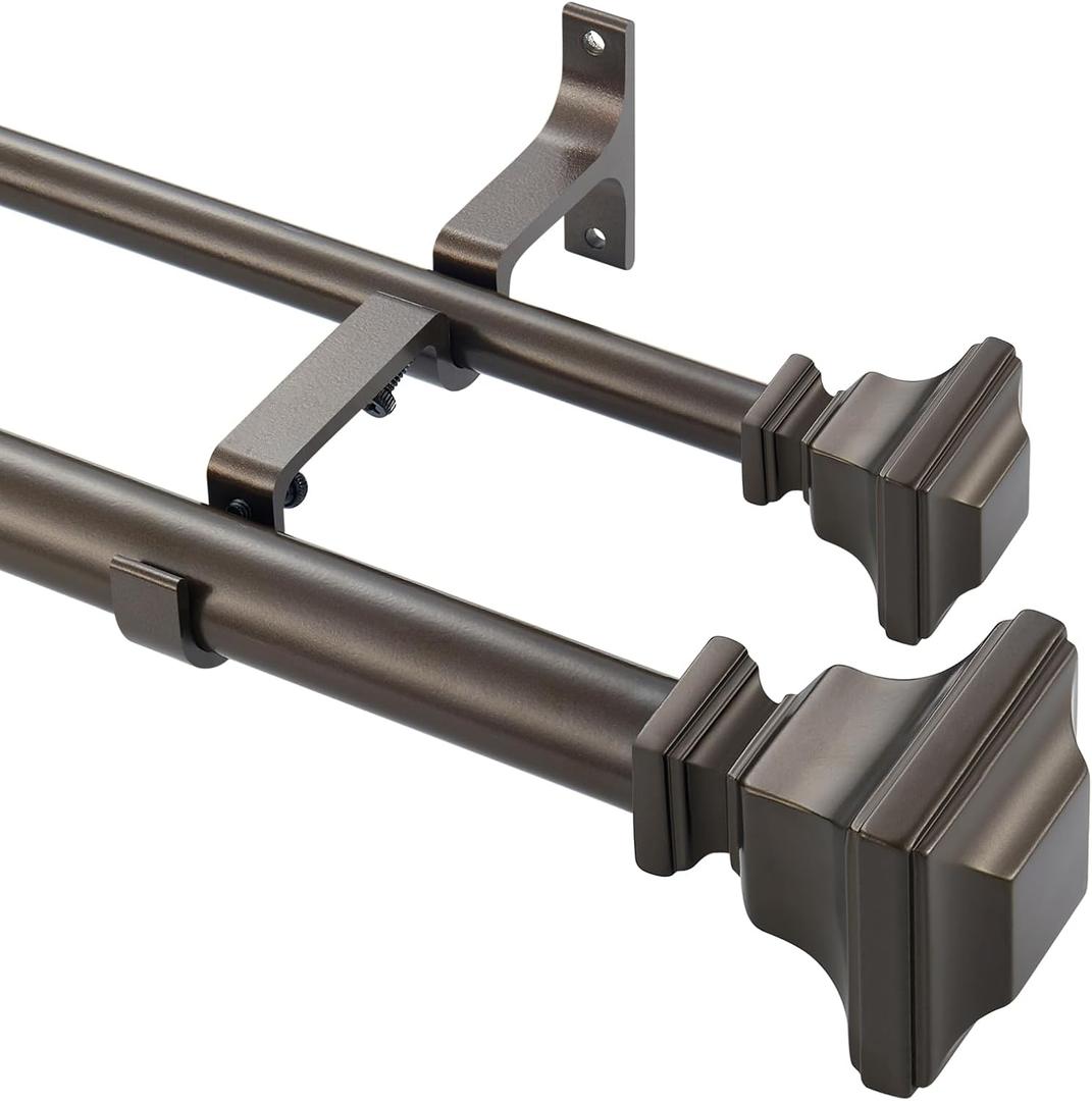Double Curtain Rod, 1 inch Adjustable Heavy Duty Drapery Double Rod for Window 72 to 144 Inches (6-12 Feet), Vintage Square Finials,Premium Aluminum Brackets,Antique Bronze