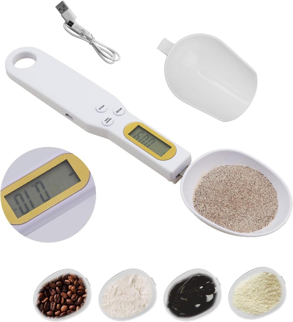 Electronic Weighing Spoon, 0.1-500g White Digital Food Measuring Scoop Spoon Scale High Precision Gram Measuring Spoons for Powder Tea Ingredients Food Coffee Spice