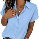 Zeagoo Womens Tops Short Sleeve Shirts Button Down Casual Blouses V Neck Outfits Summer Spring Clothes 2026, Blue Small