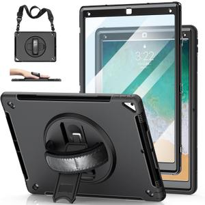 Case for iPad Pro 12.9 2nd Generation 2017 & 2015 1st Generation, Heavy Duty Rugged TPU Protective Cover with Screen Protector- Stand + Handle Hand & Shoulder Strap + Pencil Holder- Black