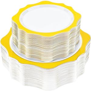 realluck 100 PCS White and Yellow Disposable Plates for 50 Guests, Scalloped Plastic Plates Include 50 Dinner Plates and 50 Dessert Plates for Party, Wedding