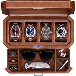 ROTHWELL 4 Slot Leather Watch Box with Valet Drawer - Luxury Case Display Jewelry Organizer, Locking Display Case Holder with Real Glass Top - Watch Box Organizer for Men & Women (Tan) (Tan / Brown)