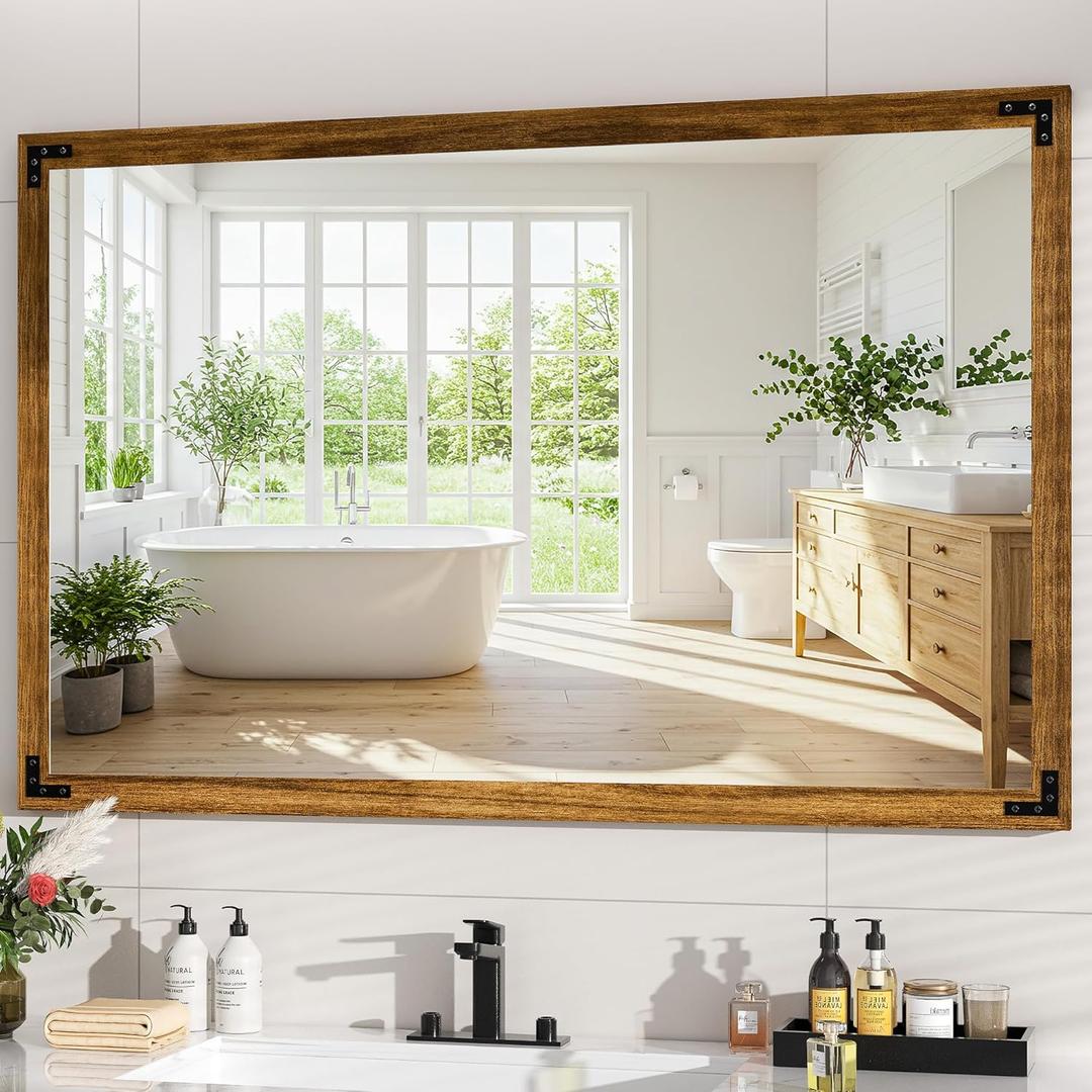 Hasipu Farmhouse Bathroom Mirror, 48"x32" Rustic Wood Framed Wall Mounted Mirror, Walnut Vintage Vanity Mirror Modern Farmhouse Style Decrative Mirrors