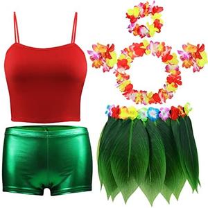 6 Pcs Leaf Hula Skirt and Hawaiian Leis Set Hibiscus Flowers Necklace Bracelet Headband Vest Shorts Hawaiian Costumes Party Size 120