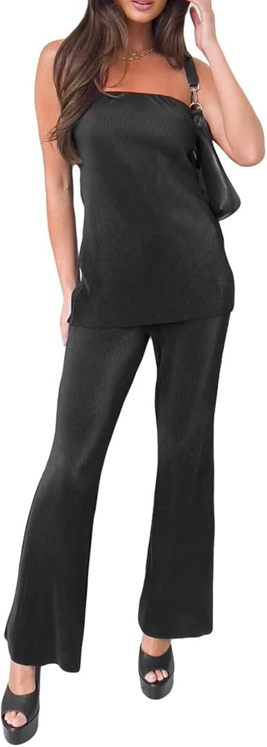 NUFIWI Womens Sexy 2 Piece Pants Set Strapless Off Shoulder Tube Tops Pleated Wide Leg Pants Y2k Suits Summer Outfits (Large)