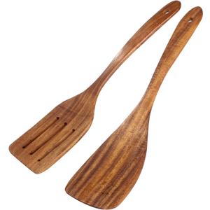 2 Pack Wooden Spatula, Acacia Wood Long Handle Flat Frying Turner, Handmade Wooden Spoons For Cooking, Kitchen Utensil Set, Non-Stick Cooking Spurtle Utensils For Kitchen Use