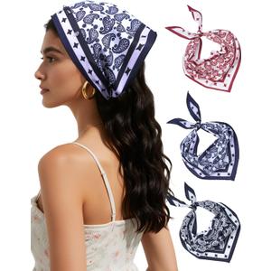 AWAYTR Women Triangle Head Scarf 3Pcs Tie Back Hair Bandanas for Women with Metal Studs - Head Coverings Cute Headscarf (Paisley - Black + Blue + Red)
