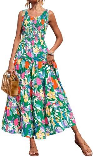 PRETTYGARDEN Smocked Tank Floral Maxi Dresses for Women 2025 Wedding Guest Dress Sleeveless Flowy Long Sundress with Pockets Large