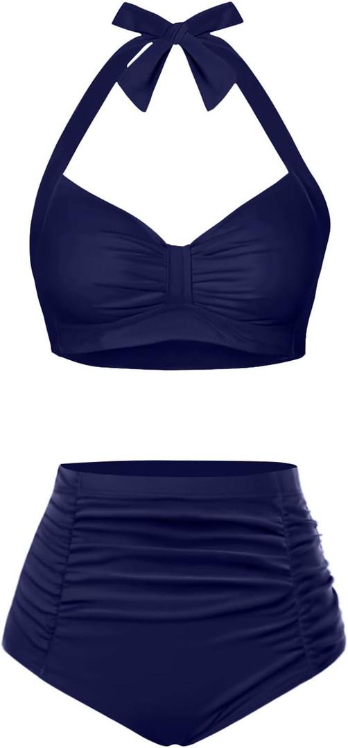 Holipick Women High Waisted Bikini Set Two Piece Swimsuit Tummy Control Bathing Suit Vintage Halter Swimwear (X-Small, Navy Blue)