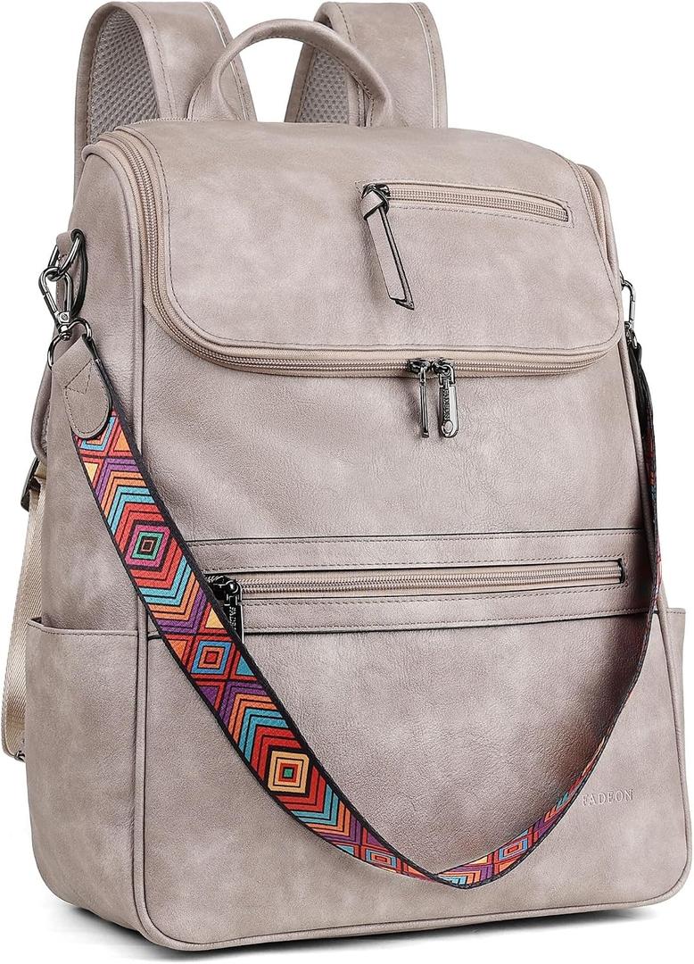 FADEON Laptop Backpack for Women Leather Travel Backpack with Laptop Compartment, Designer PU Shoulder Laptop Bag Grey