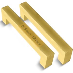 Mega Handles 12 Pack I Cabinet Pulls 5.5 Inch, Stainless Steel Cabinet Handle Pulls I Ideal for Kitchen Drawer, Cabinets, Door, Cupboard I Hardware for Cabinets - Hole Distance 5 Inch - Satin Brass