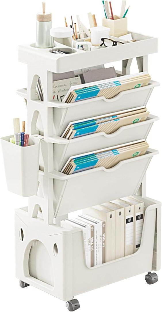 5-Tier Rolling Bookshelf Cart, Unique Mobile Bookshelf with Wheels, Movable Bookcase Organizerr, Slim Storage Book Cart for Living Room Classroom Office Kitchen, Easy Assemble, White
