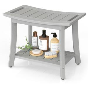 Waterproof Shower Benches for Inside Shower, Poly Lumber Shower Stool with Storage Shelf & Adjustable Feet, SPA Bathroom Seat Chair for Shaving Legs, Indoor or Outdoor Use, Grey