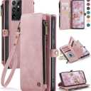 Defencase Compatible with Samsung Galaxy S21 Ultra Case Wallet with RFID Blocking Card Holder for Women Men, PU Leather Magnetic Snap Flip Zipper Strap Wallet Case Fit for Galaxy S21 Ultra 5G, Pink