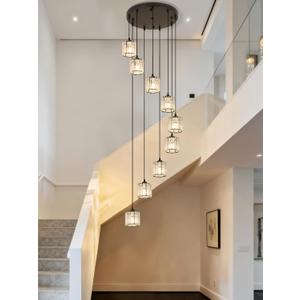 Long Chandeliers for High Ceilings,Modern Crystal Pendant Light,Raindrop Drop Lamp,Hanging Flush Mount Lighting Fixtures for Spiral Staircase,Foyer,Entryway,Living Room,Black (8 Lights)