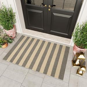 OJIA Tan Washable Outdoor Rug 3'x5', Front Door Mat Outside Entrance Cotton Woven Layered Doormat Indoor Outdoor Rugs Striped Entryway Rugs Small Outdoor Door Mats for Porch Patio Kitchen Entry (Tan/Black/White)