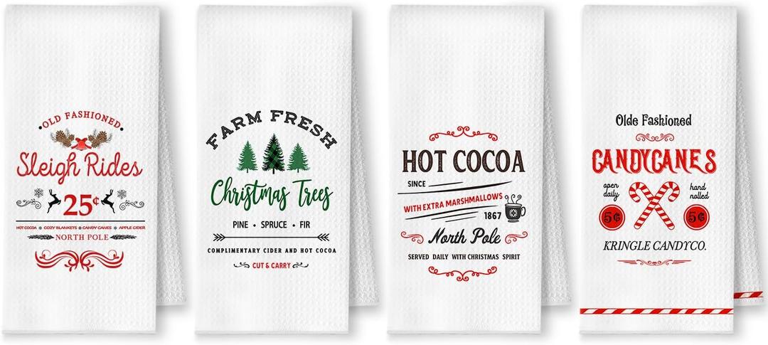 Retro Christmas Kitchen Towels, Rustic Farmhouse Christmas Dish Tea Towels, Winter Sleigh Xmas Tree Farm Cocoa Candy Cane Decorative Hand Towel for Kitchen, 16x24 Inch Set of 4