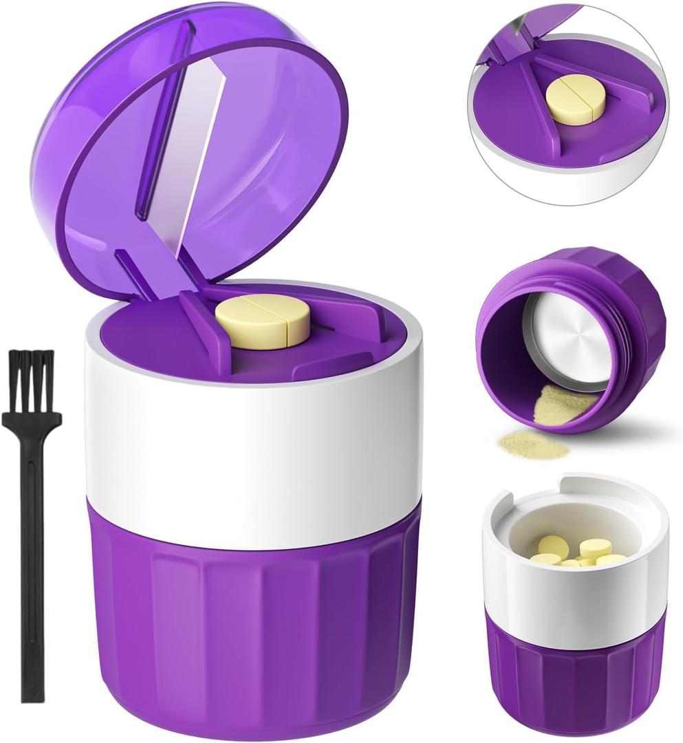 3-in-1 Pill Crusher Pills Cutter with Storage BoxTablet Grinder with Stainless Steel Grinding Pestle, Pill Crushers Fine Powder, Tablet Crushers for Elderly and Pets (Purple/White)