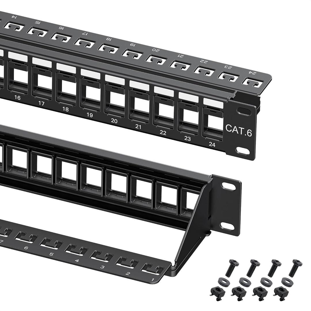 Cable Matters Rackmount or Wall Mount 1U 24 Port Keystone Patch Panel with Cable Management and Support Bar, 19-inch Blank Patch Panel for Keystone Jacks
