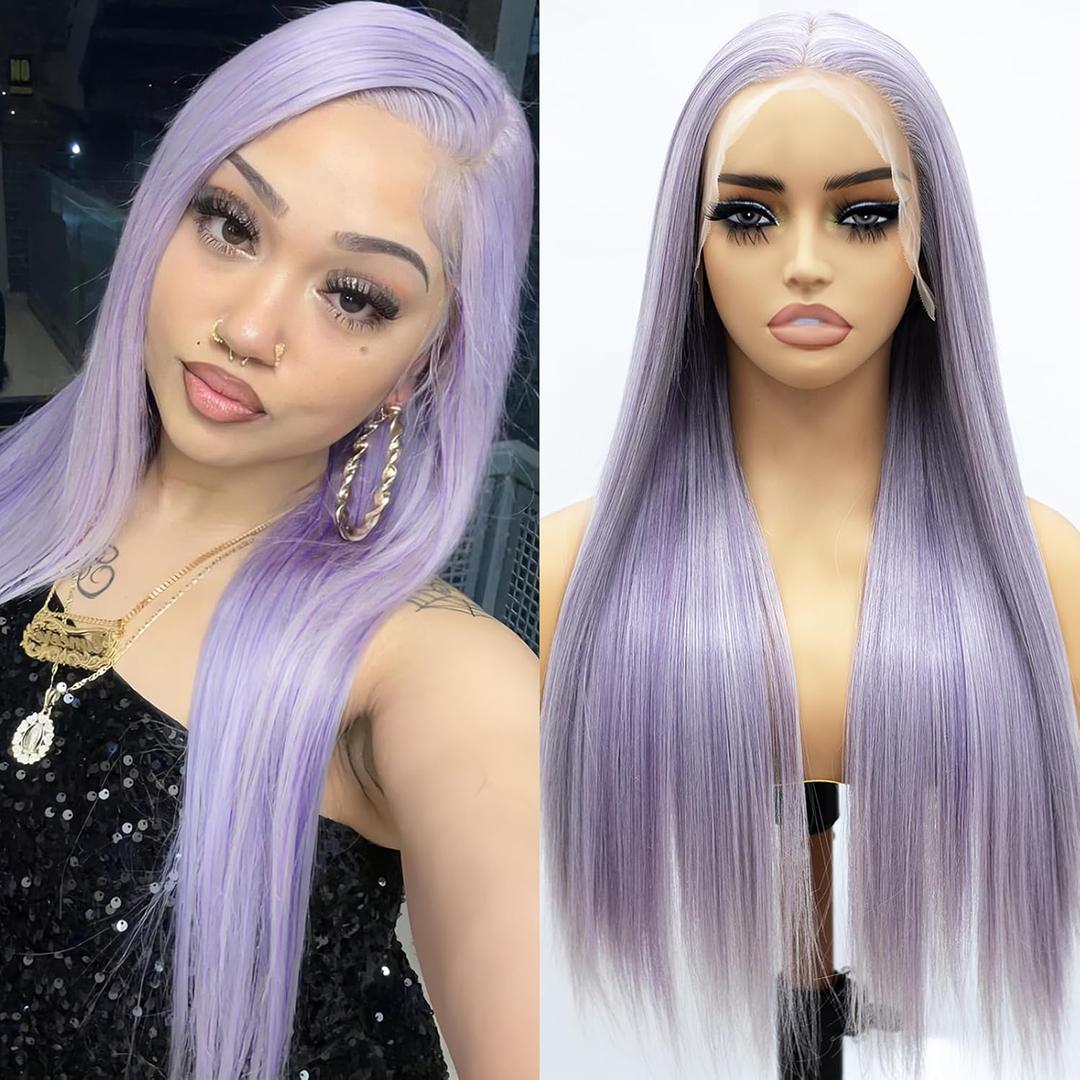 Long Light Purple Highlighted Glueless Straight Lace Front Wig Lavender 200 Density Pre Plucked Synthetic Heat Resistant Wig With Baby Hair Colorful Lace Wigs For Women Cosplay Party 26 inch