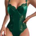 Lilosy Sexy Leather Underwire Push Up Floral Lace Sheer Corset Lingerie Women Teddy Bodysuit Bustier Top One Piece Latex, Army Green, X-Large