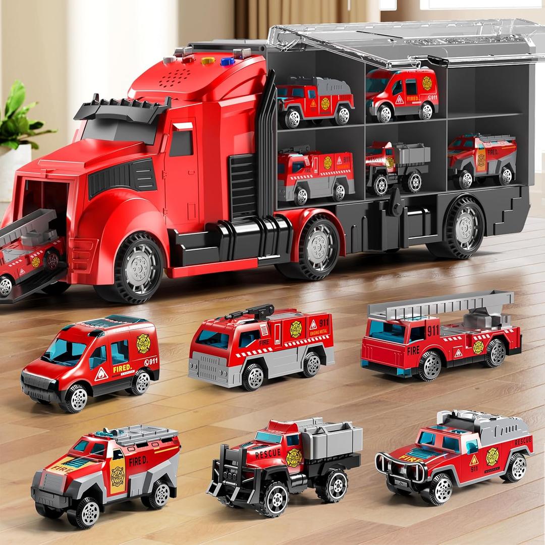 Fire Trucks Toy Set with Play Mat, Carrier Truck Play Vehicles Set for 3 4 5 6 Years Old Boys Kids, Die-Cast Car Toy for Toddlers 3-4 Years, Birthday Gifts Toys for 3-9 Year Old Boys