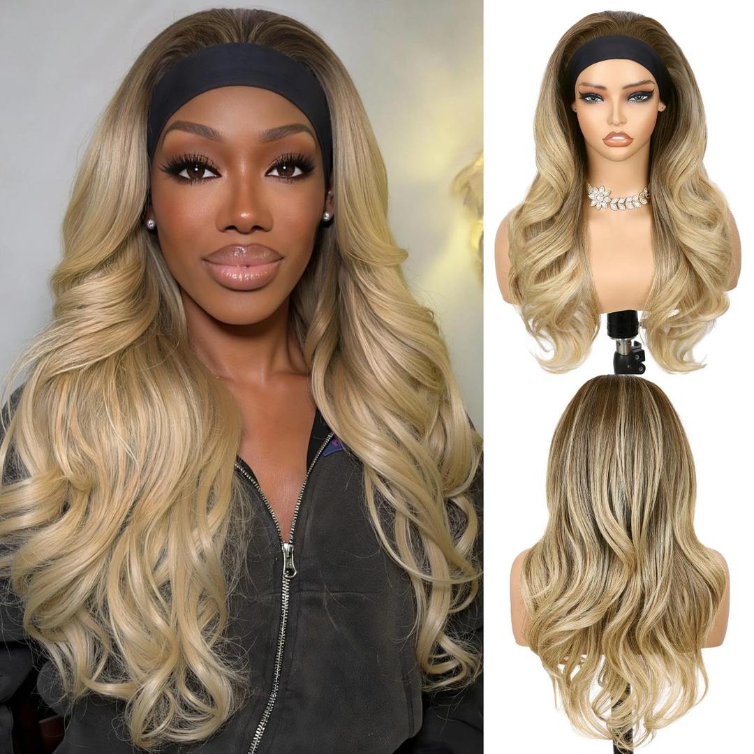 Quantum Love Ombre Blonde Curly Headband Wig Layered Headband Wigs for Black Women TALOS Long Wavy Curly Synthetic Half Wig