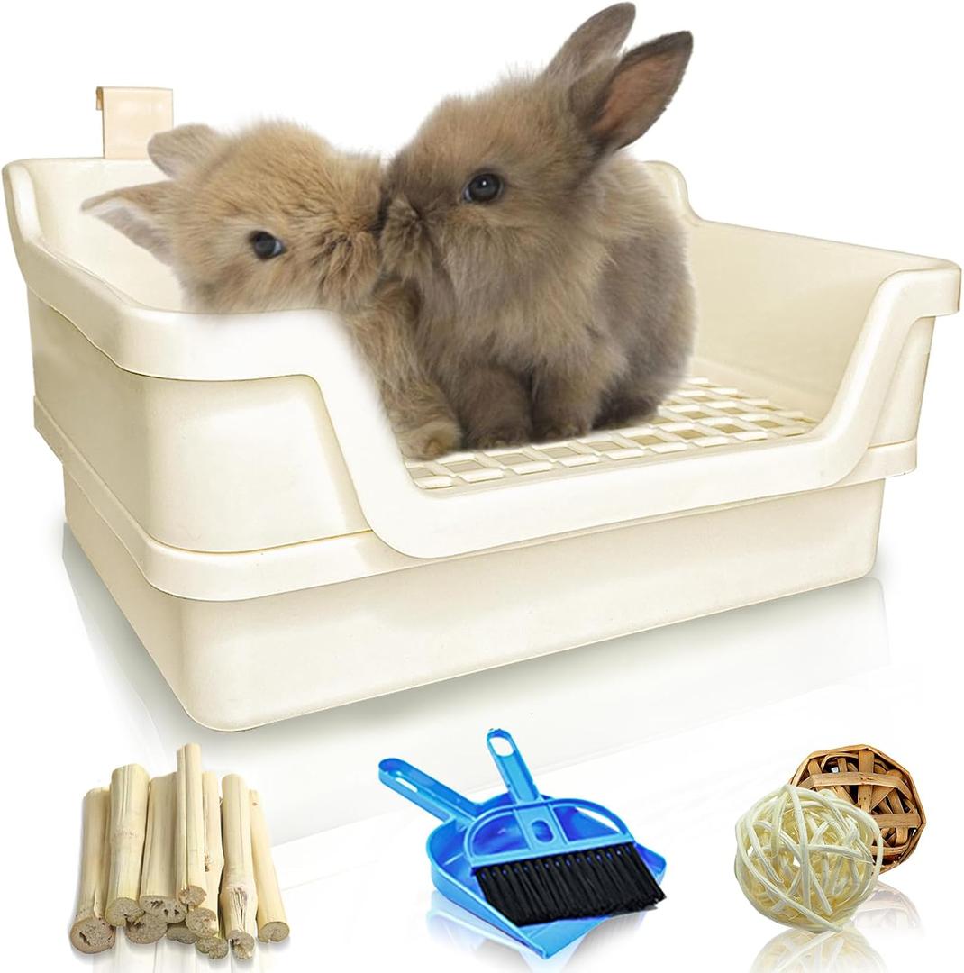 Hamiledyi Extra Large Rabbit Litter Box Pet Corner Toilet Small Animal Potty Trainer Huge Bunny Litter Pan with Plastic Grate Deep Dump Tray for Adult Guinea Pigs Chinchillas Ferrets Galesaurs White