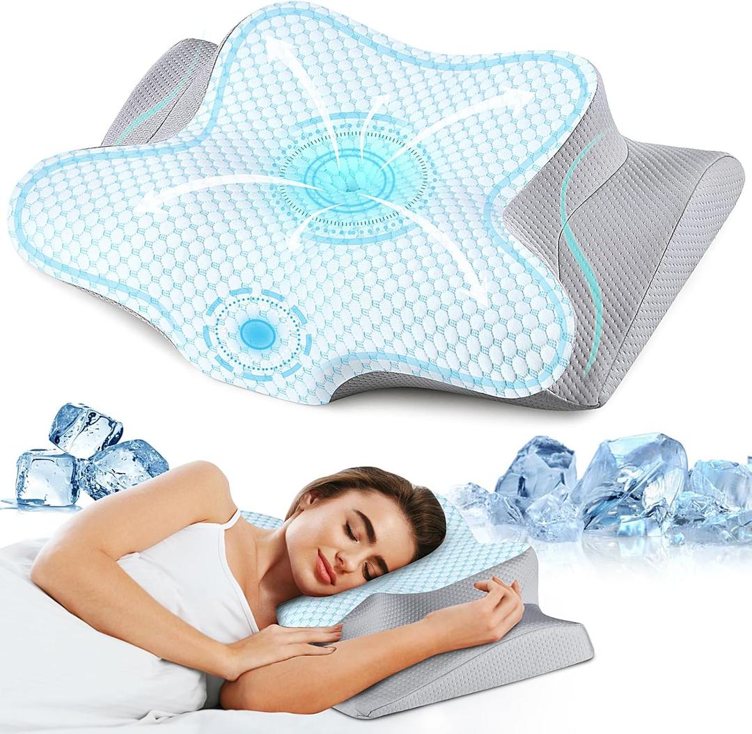 Cervical Neck Pillow - Ergonomic Side Sleeper Pillow for Pain Relief, Cooling Cervical Pillow for Sleeping, Contour Orthopedic Memory Foam Pillows for Back Stomach Sleepers (Blue)