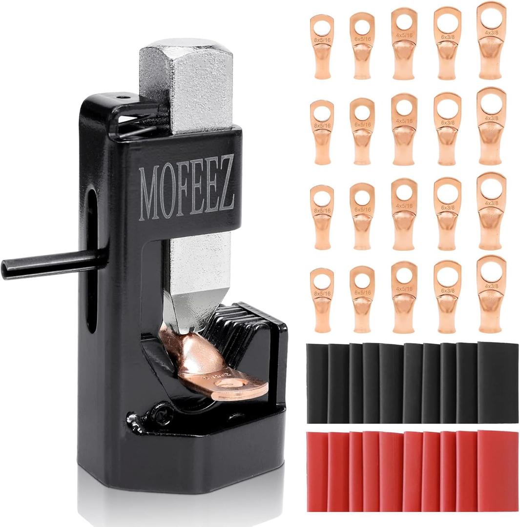 MOFEEZ Hammer Lug Crimper Tool for 8 AWG - 0000 AWG Battery and Welding Cables with 20pcs Terminal Connectors and 20pcs 3:1 Heat Shrink Tubes