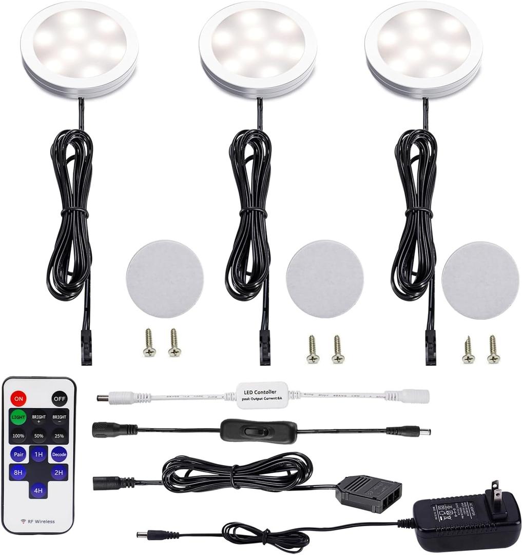 AIBOO Dimmable LED Under Cabinet Lights 3 Lamps Kit with RF Remote Control for Home Kitchen Counter Lighting (Natural White)
