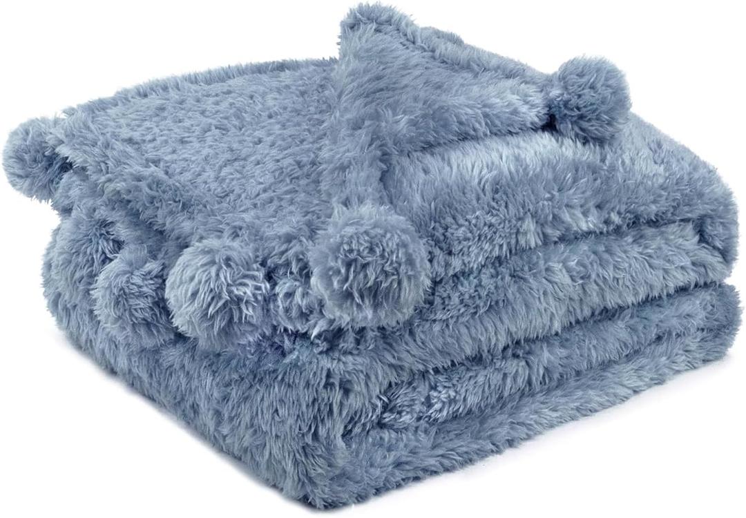 Pavilia Blue Sherpa Throw Blanket for Couch, Warm Plush Fuzzy Blanket Throw with Pom Poms, Dusty Blue, 60x80 (60 x 80 Inches - Twin)