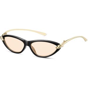 Retro Oval Cat Eye Sunglasses for Women Y2k Small Cateye Sun Glasses Womens Trendy 90s Designer Narrow Shades CS013 (Black Frame/Light Brown Lens)