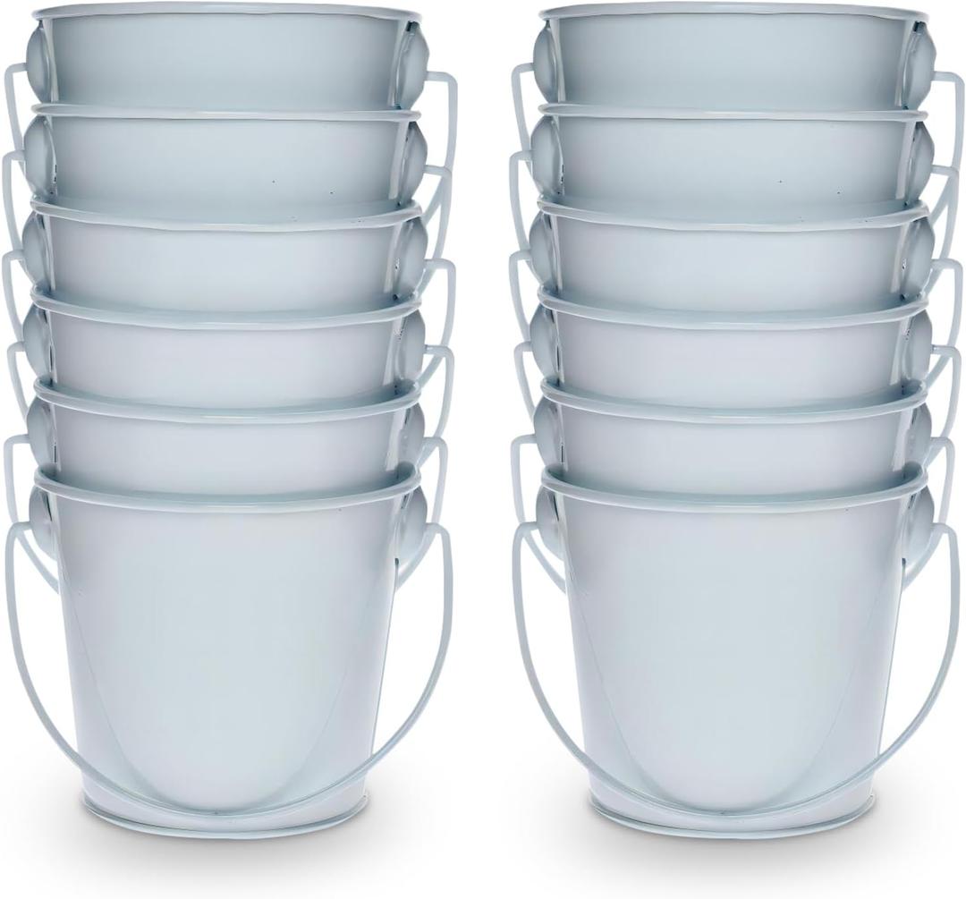 3.1" Galvanized Mini Tin Buckets  12Pcs White Metal Buckets with Handle, Ideal for Party Favors, Bridal Shower and Craft Projects (White, 3.1")
